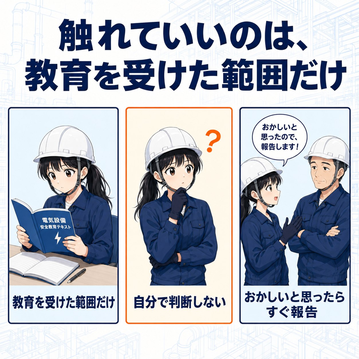 触れていいのは教育を受けた範囲だけの図解。教育を受けた範囲だけ・自分で判断しない・おかしいと思ったらすぐ報告