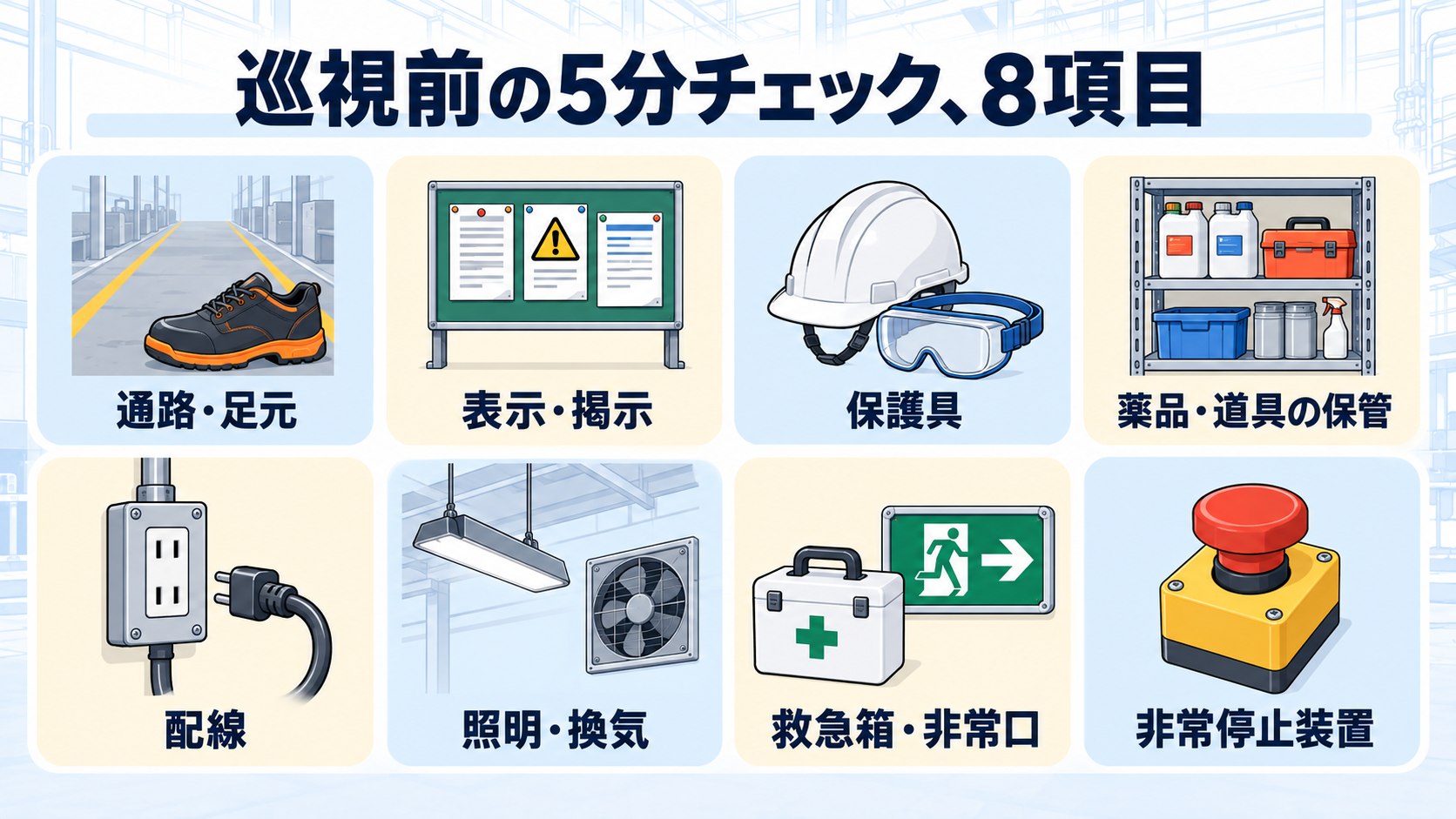 巡視前の5分チェック、8項目。通路・足元、表示・掲示、保護具、薬品・道具の保管、配線、照明・換気、救急箱・非常口、非常停止装置
