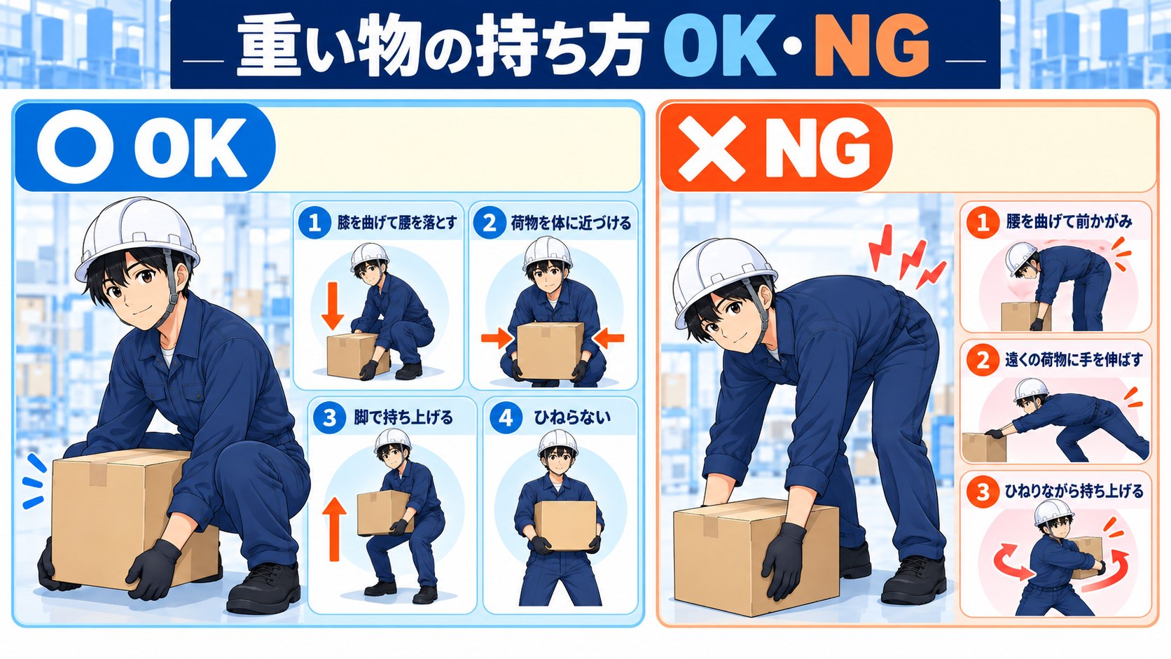 重い物の持ち方のOKとNG。OKは膝を曲げて腰を落とし荷物を体に近づけ脚で持ち上げひねらない。NGは腰を曲げて前かがみ、遠くの荷物に手を伸ばす、ひねりながら持ち上げる