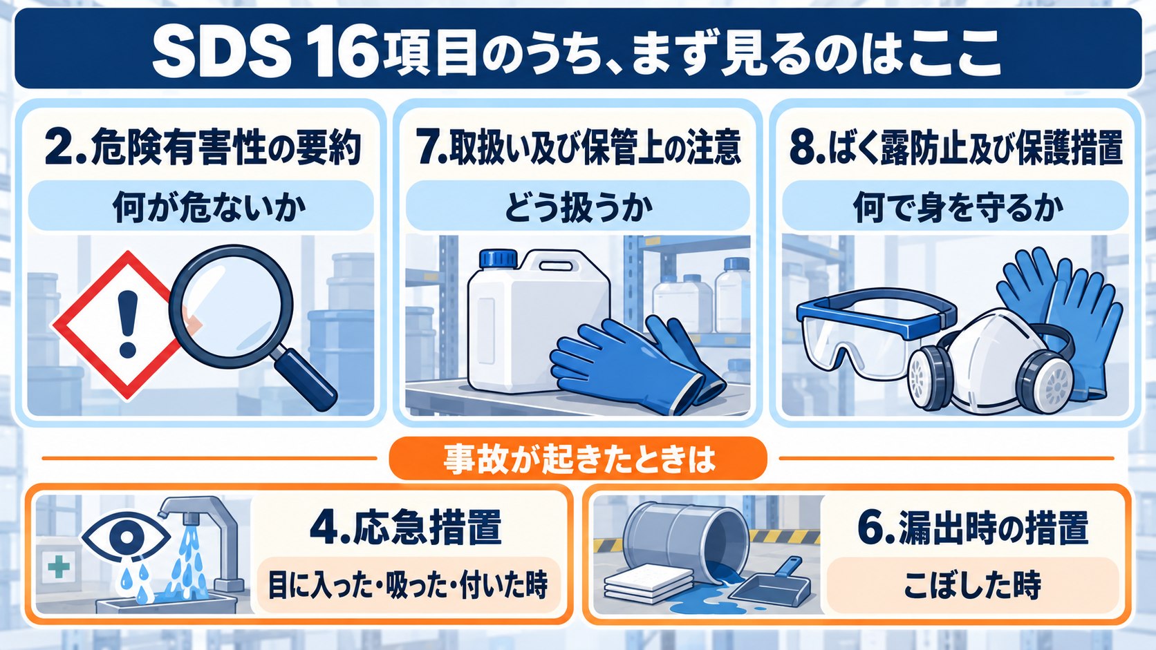 SDS16項目のうち、まず見るのはここ。2.危険有害性の要約(何が危ないか)、7.取扱い及び保管上の注意(どう扱うか)、8.ばく露防止及び保護措置(何で身を守るか)。事故が起きたときは4.応急措置と6.漏出時の措置