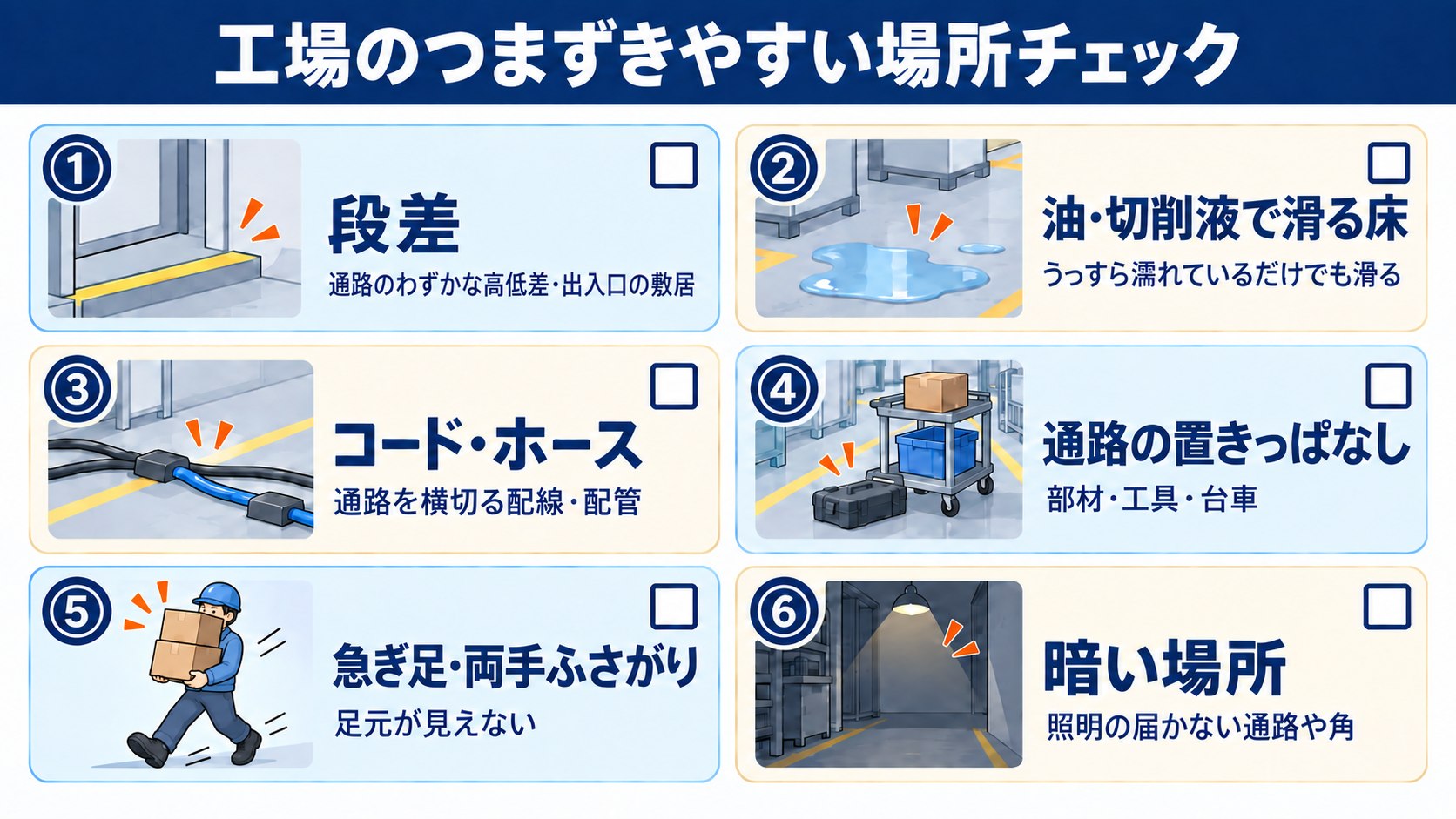 工場のつまずきやすい場所チェック。段差、油や切削液で滑る床、コードやホース、通路の置きっぱなし、急ぎ足や両手ふさがり、暗い場所の6項目