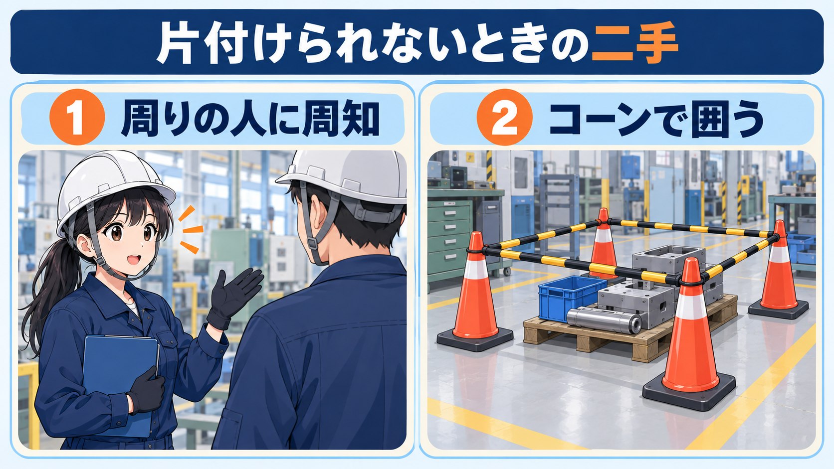 片付けられないときの二手。①周りの人に周知する ②人が通る場所はコーンで囲う