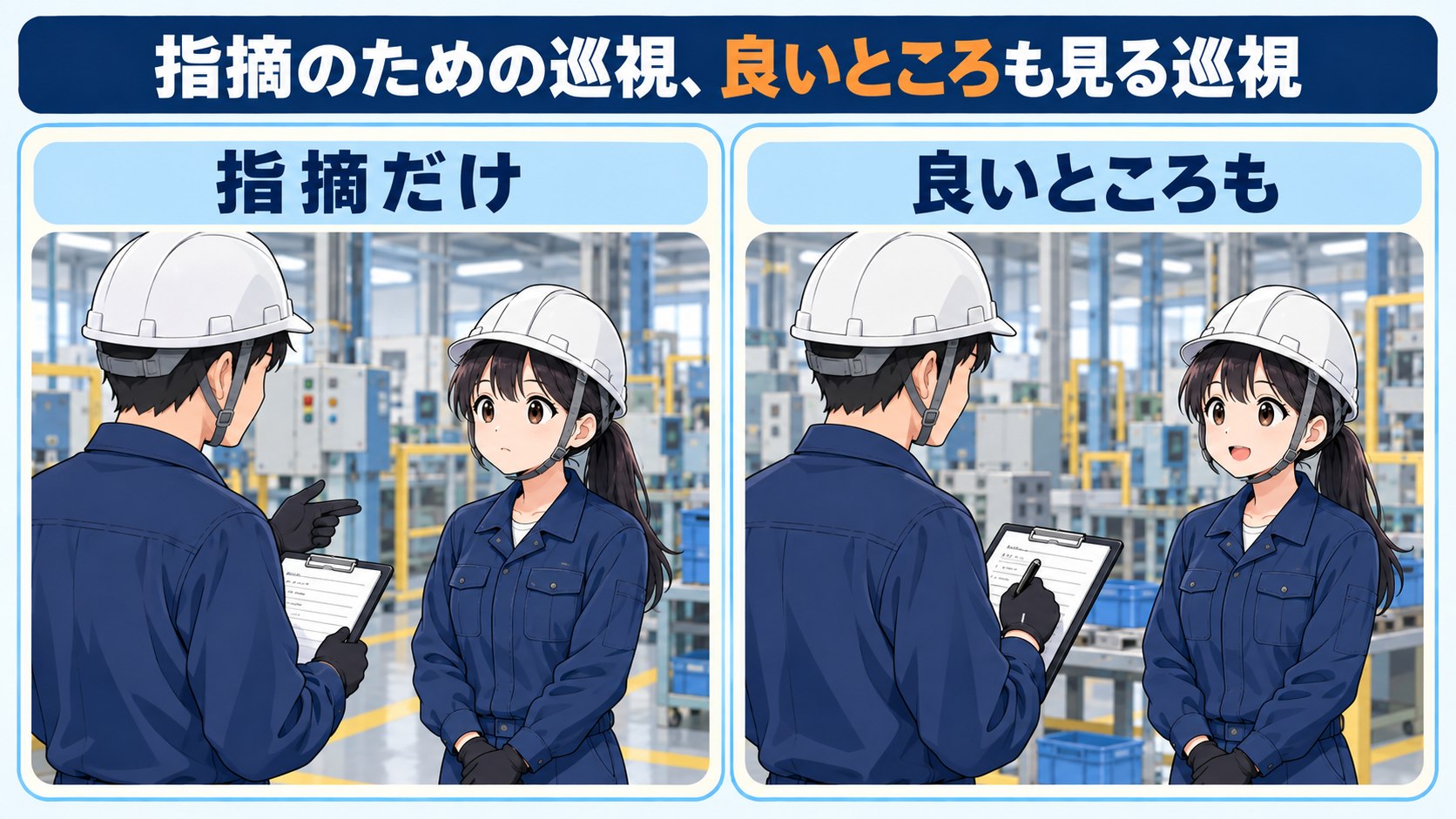 指摘のための巡視と、良いところも見る巡視の対比。指摘だけの巡視は現場が緊張し、良いところも見る巡視は作業者がほっとする