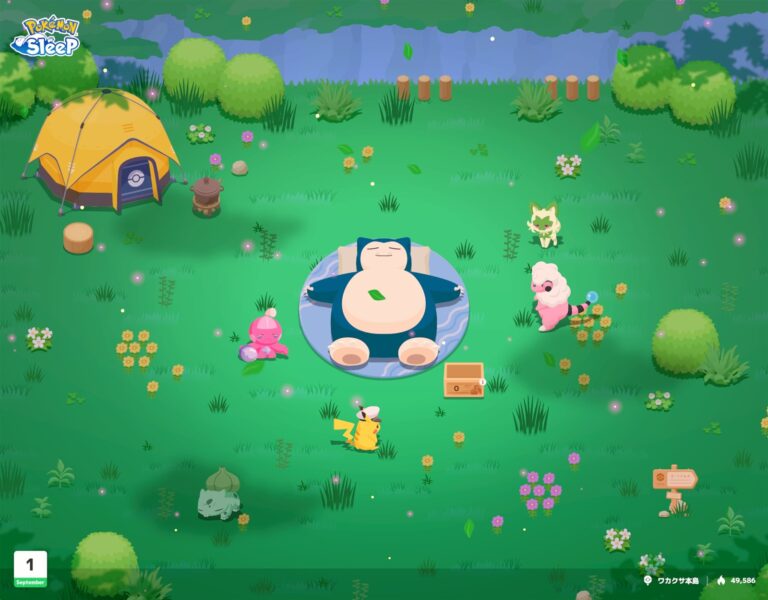 夜のワカクサ本島で眠るカビゴンとポケモンたち(アプリの共有画像)