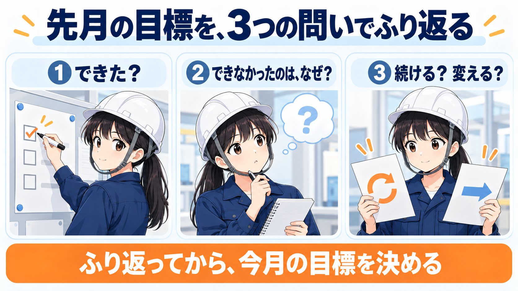 先月の目標を、3つの問いでふり返る。①できた?②できなかったのは、なぜ?③続ける?変える?
