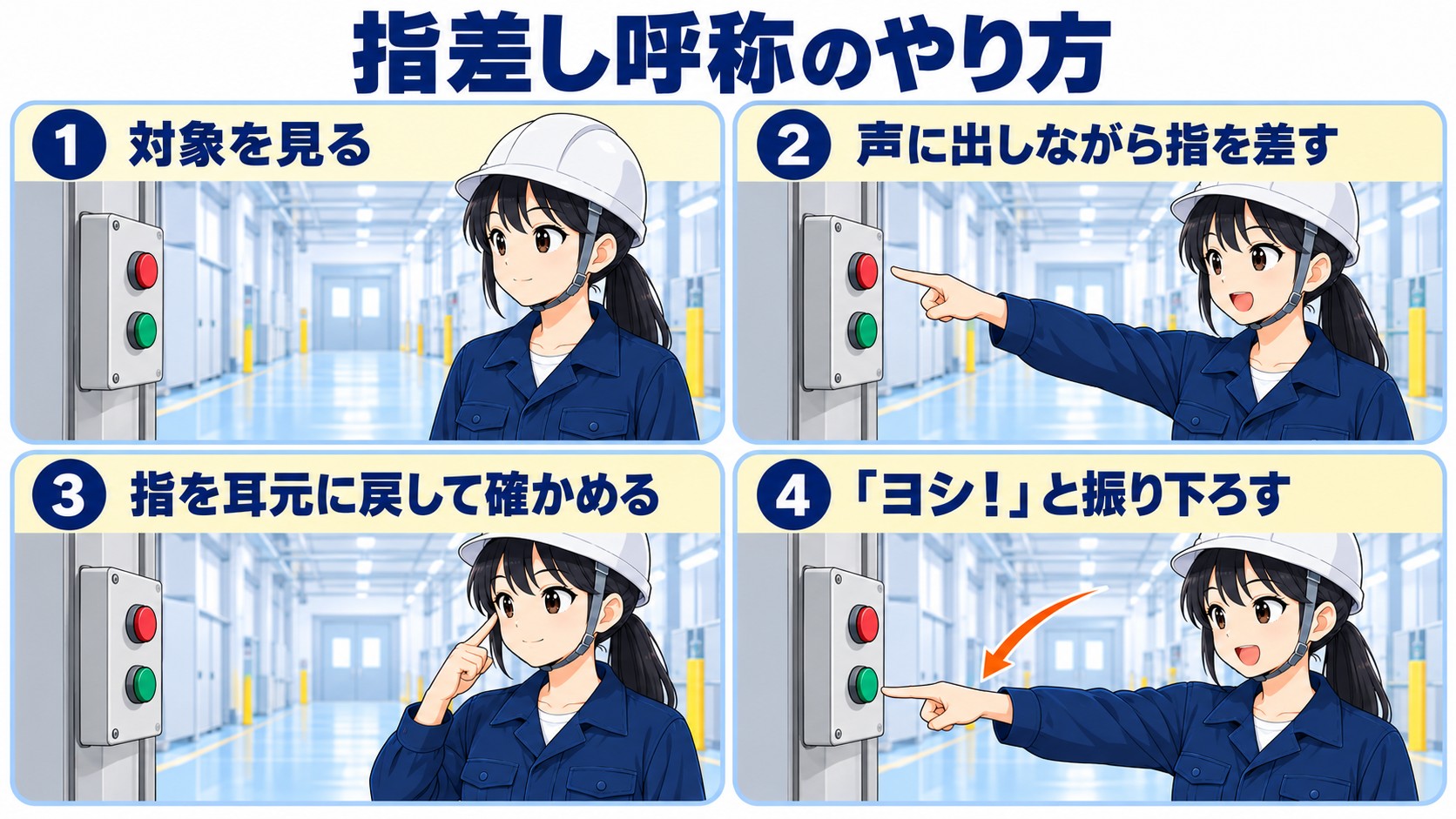 指差し呼称のやり方。対象を見る、右手の人差し指で声に出しながら指を差す、指を耳元に戻して確かめる、人差し指で対象を差したままヨシと振り下ろす