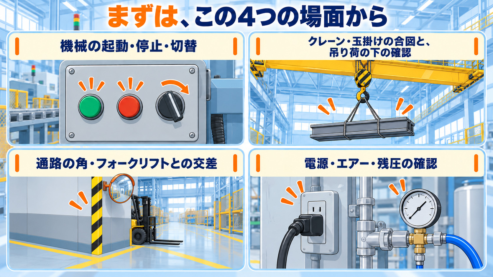 まずは、この4つの場面から。機械の起動・停止・切替、クレーン・玉掛けの合図と吊り荷の下の確認、通路の角・フォークリフトとの交差、電源・エアー・残圧の確認