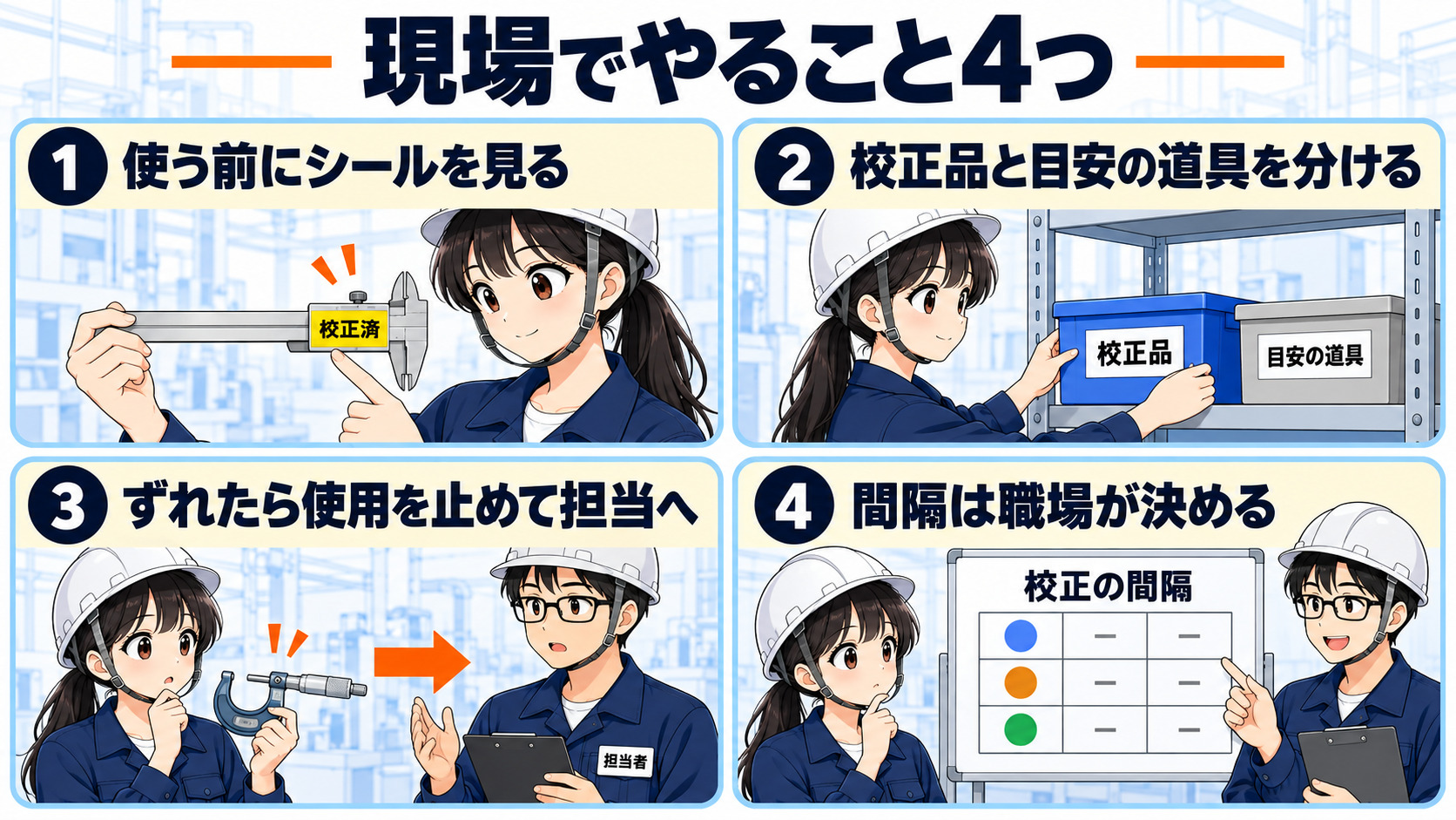 現場でやること4つ。使う前にシールを見る、校正品と目安の道具を分ける、ずれたら使用を止めて担当へ、間隔は職場が決める